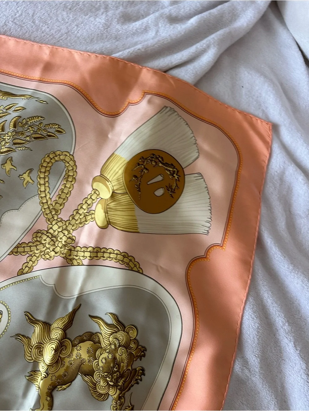 Hermes Peach and Gold Silk Scarf with Ornate Dragon Panels - Picture 11 of 16
